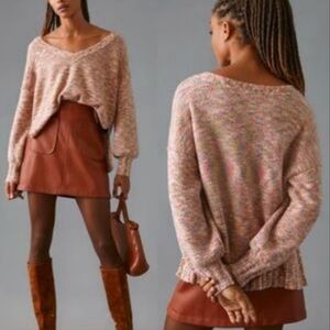 NWT Anthropologie Pilcro Pink Marl Deep-V Sweater Large $138